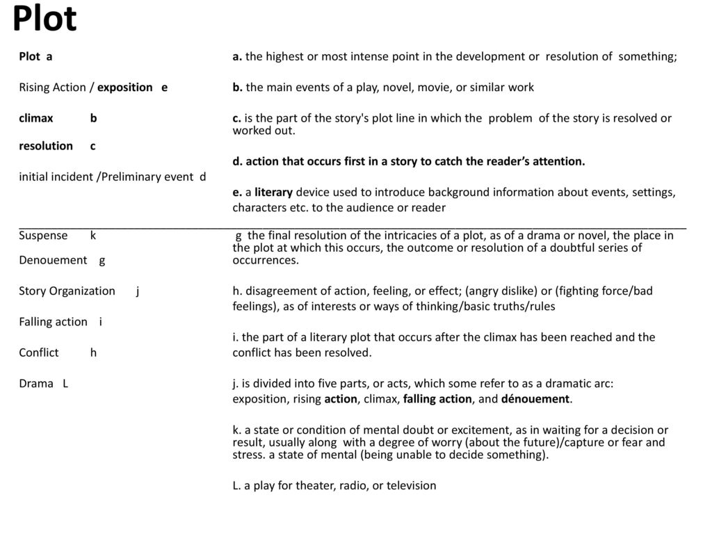 Plot Plot a a. the highest or most intense point in the development or resolution of something;
