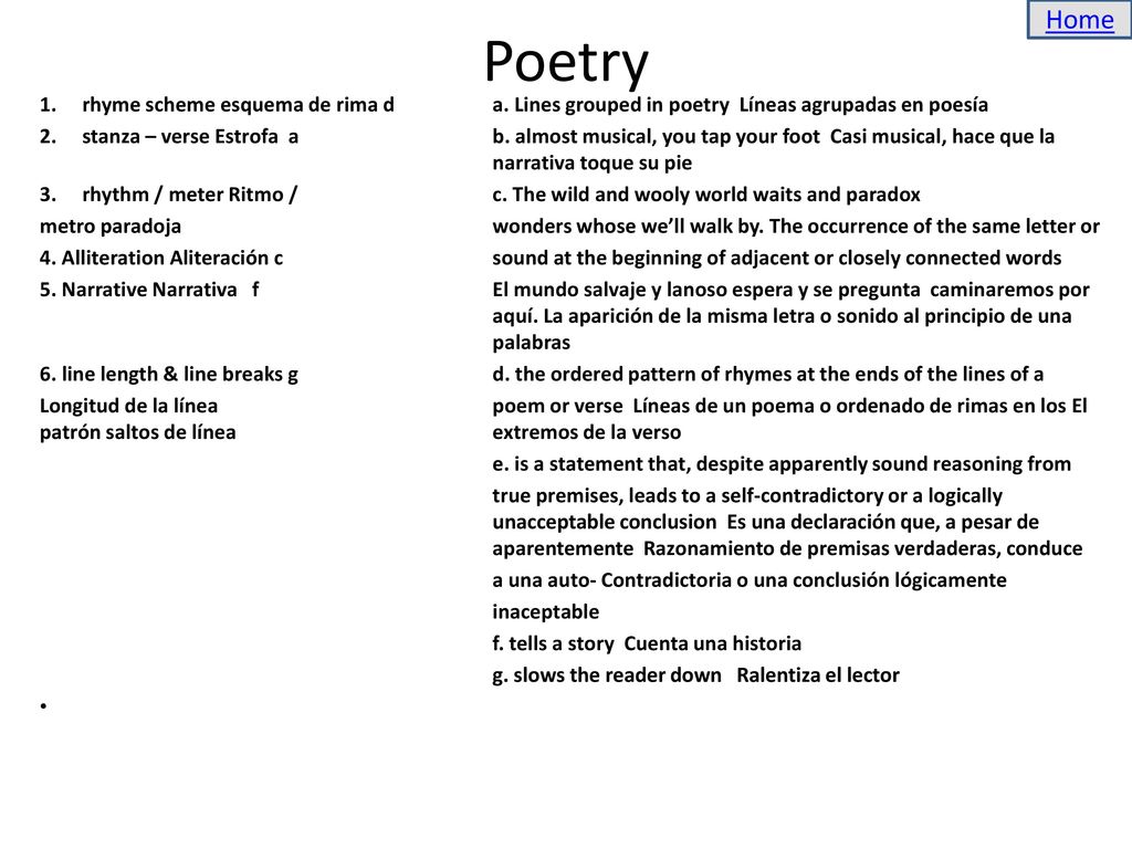 Home Poetry. rhyme scheme esquema de rima d a. Lines grouped in poetry Líneas agrupadas en poesía.