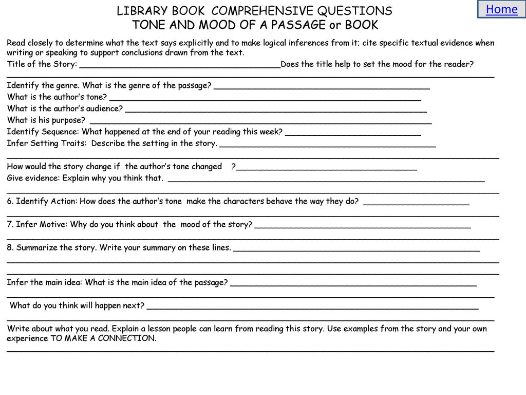 LIBRARY BOOK COMPREHENSIVE QUESTIONS TONE AND MOOD OF A PASSAGE or BOOK