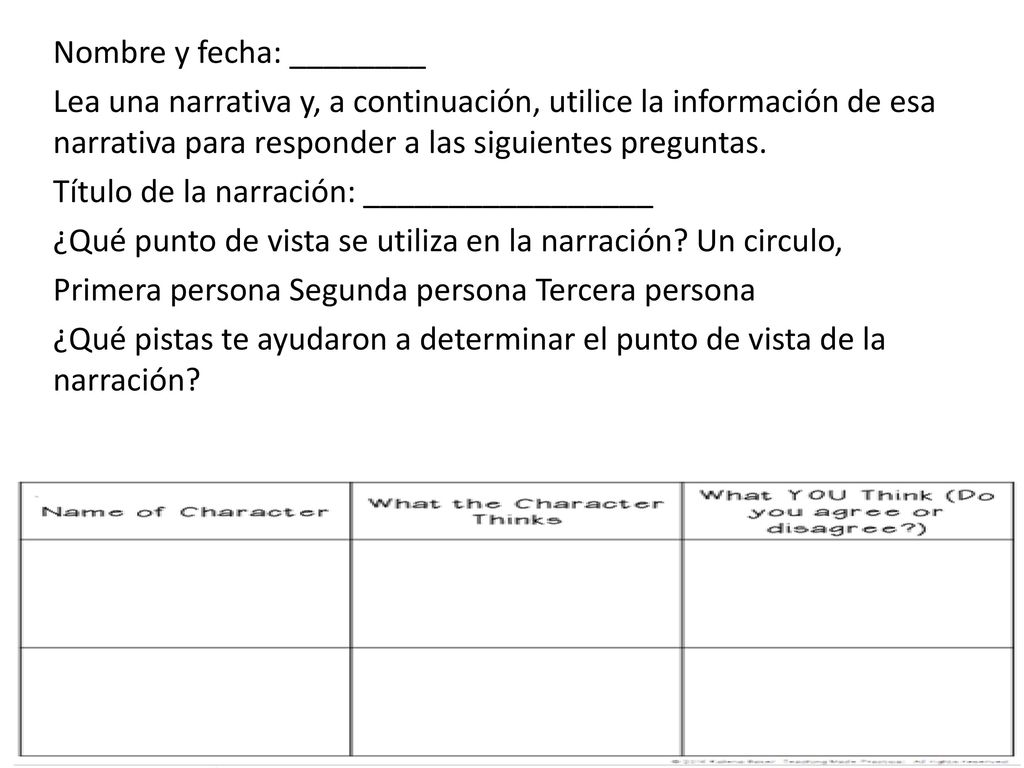 Nombre y fecha: ________ Lea una narrativa y, a continuación, utilice la información de esa narrativa para responder a las siguientes preguntas.
