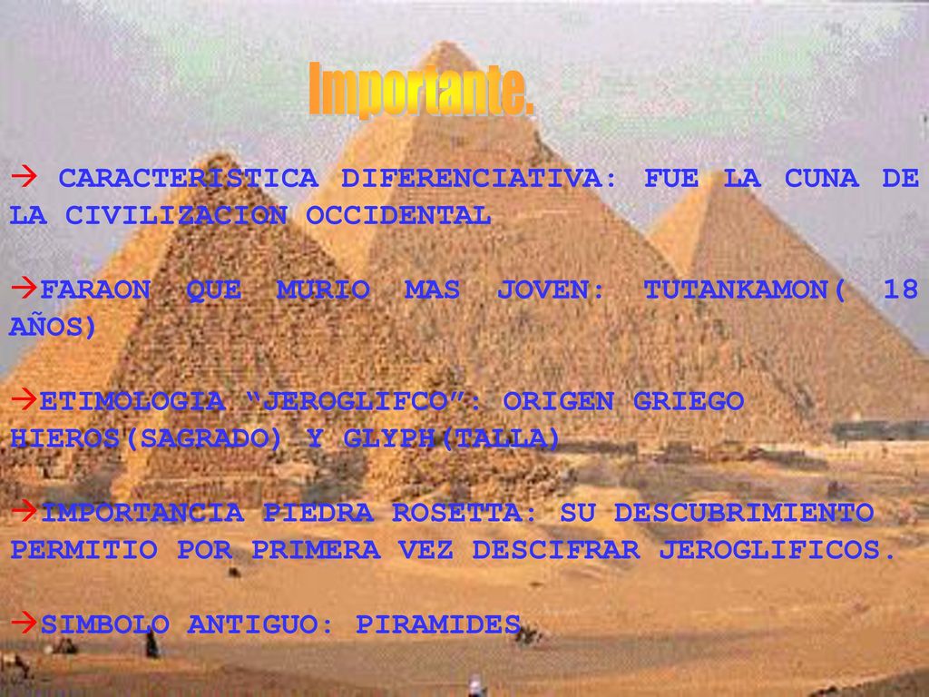 Importante. CARACTERISTICA DIFERENCIATIVA: FUE LA CUNA DE LA CIVILIZACION OCCIDENTAL. FARAON QUE MURIO MAS JOVEN: TUTANKAMON( 18 AÑOS)