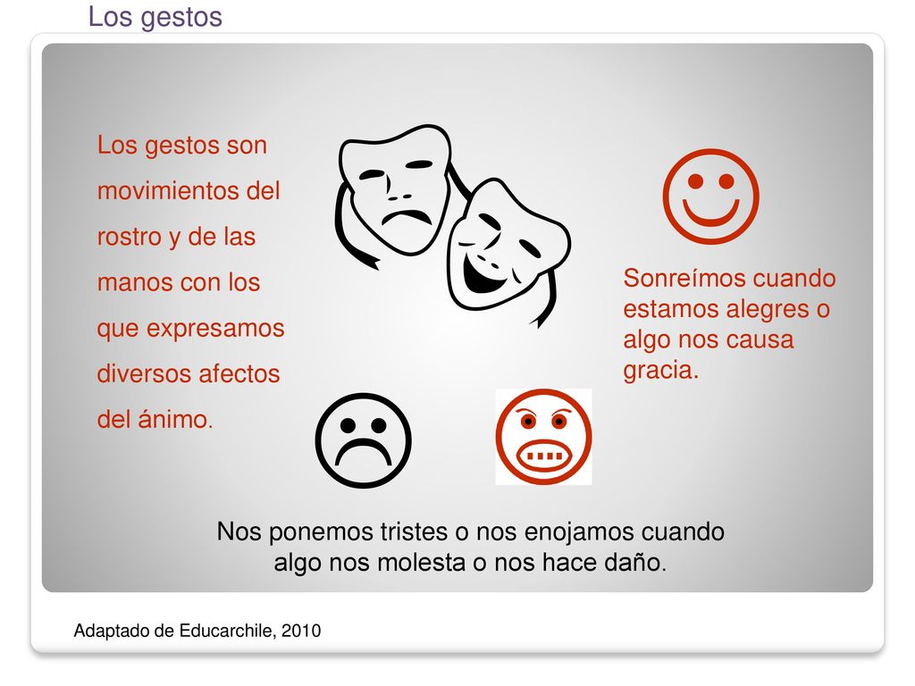 Los gestos  Los gestos son movimientos del rostro y de las manos con los que expresamos diversos afectos del ánimo.