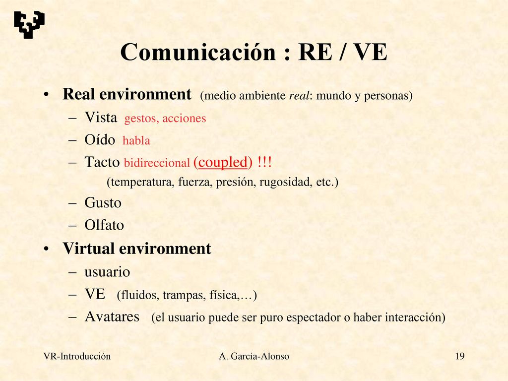 Comunicación : RE / VE Real environment (medio ambiente real: mundo y personas) Vista gestos, acciones.