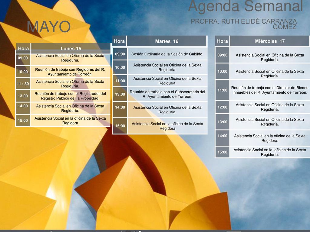MAYO Agenda Semanal Cabildo Torreón PROFRA. RUTH ELIDÉ CARRANZA GÓMEZ