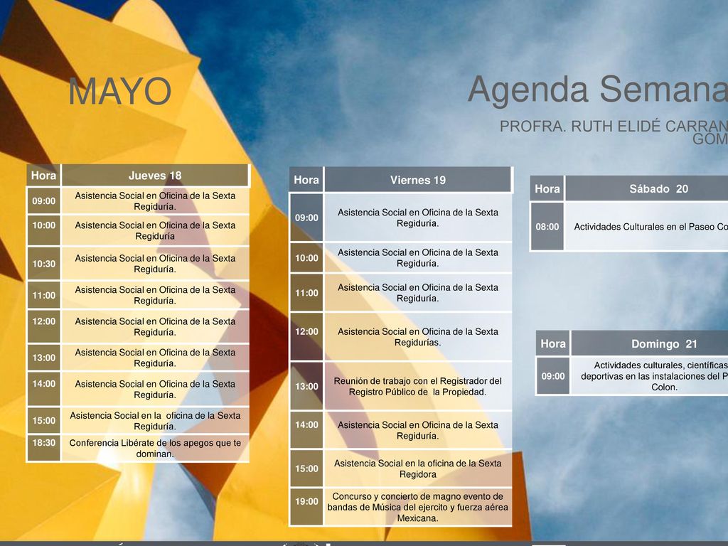 MAYO Agenda Semanal Cabildo Torreón PROFRA. RUTH ELIDÉ CARRANZA GÓMEZ