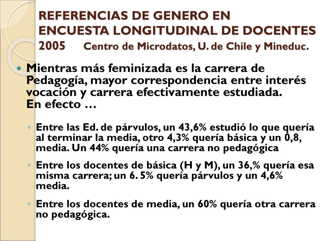 REFERENCIAS DE GENERO EN ENCUESTA LONGITUDINAL DE DOCENTES 2005 Centro de Microdatos, U. de Chile y Mineduc.