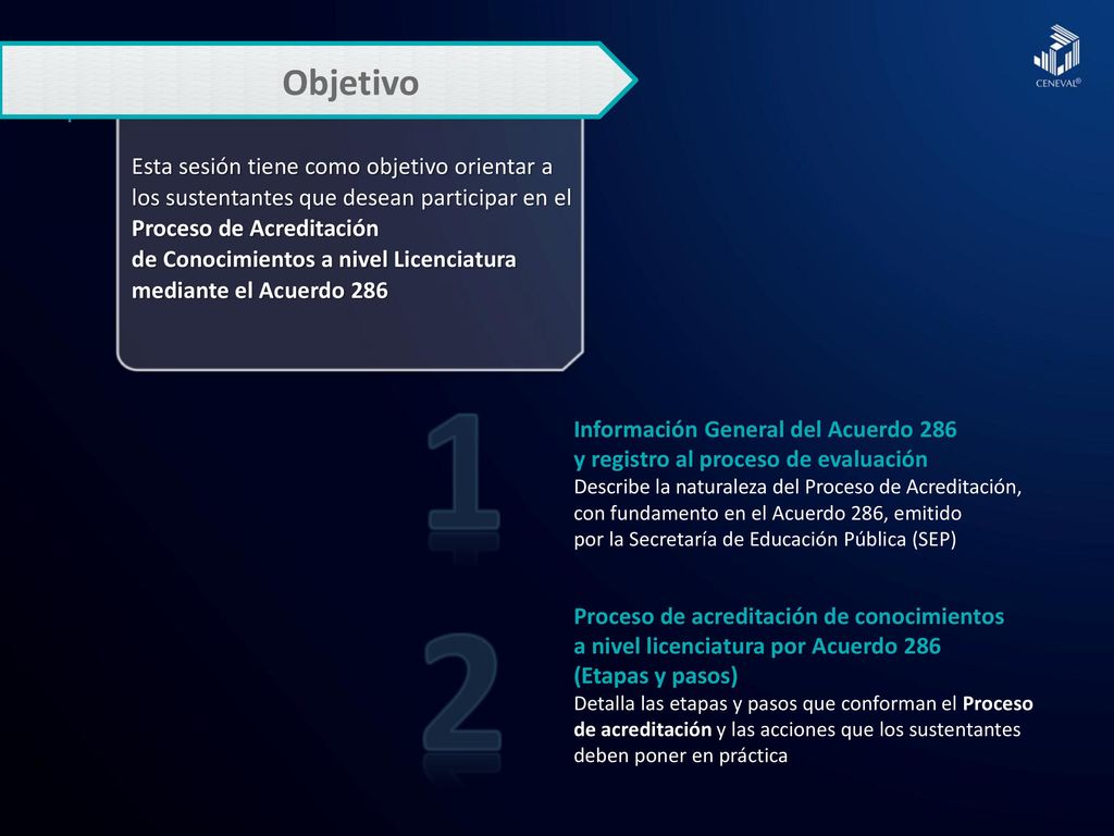 Objetivo Esta sesión tiene como objetivo orientar a los sustentantes que desean participar en el Proceso de Acreditación.