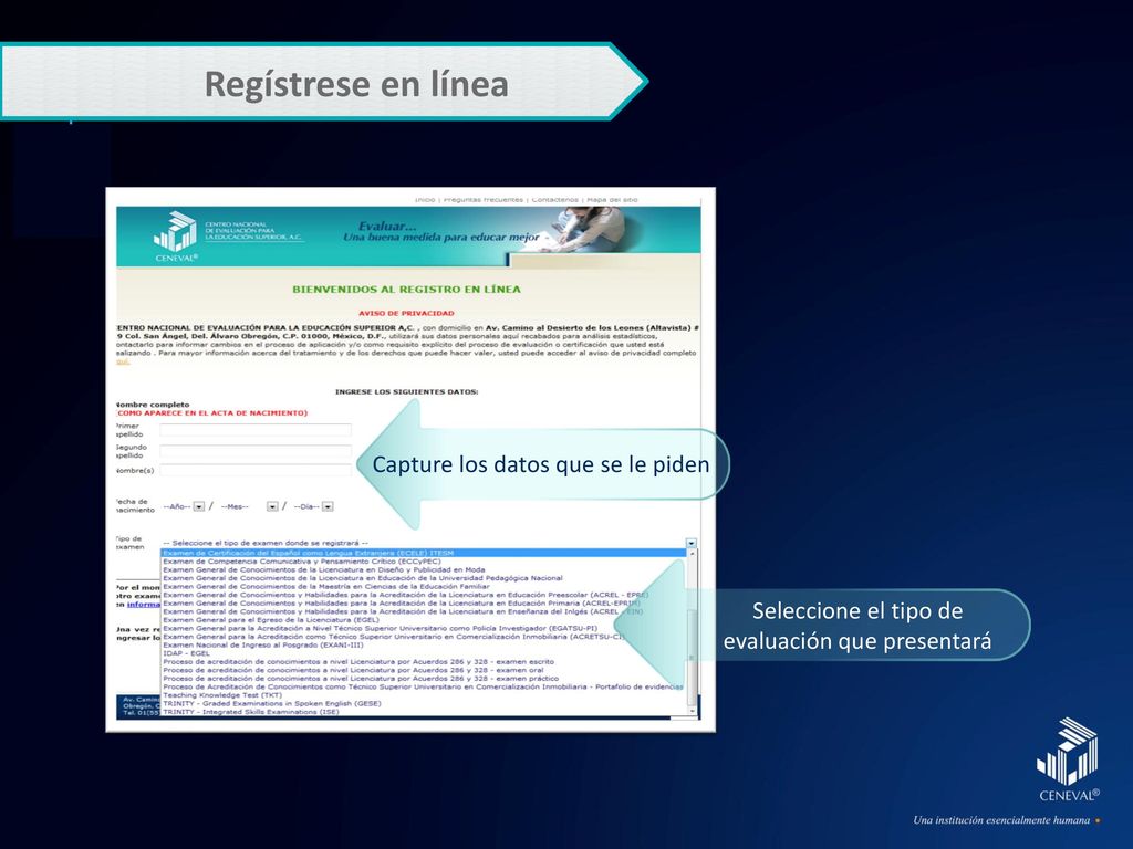 Regístrese en línea Capture los datos que se le piden