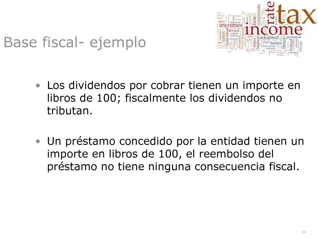 Base fiscal- ejemplo Los dividendos por cobrar tienen un importe en libros de 100; fiscalmente los dividendos no tributan.