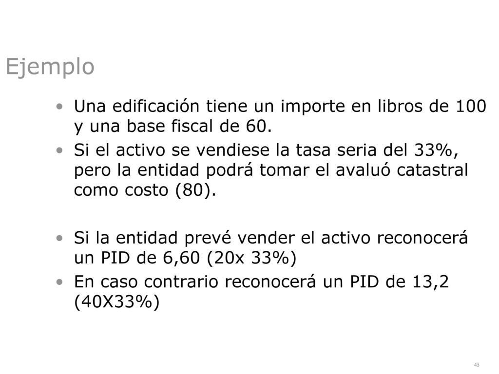 Ejemplo Una edificación tiene un importe en libros de 100 y una base fiscal de 60.