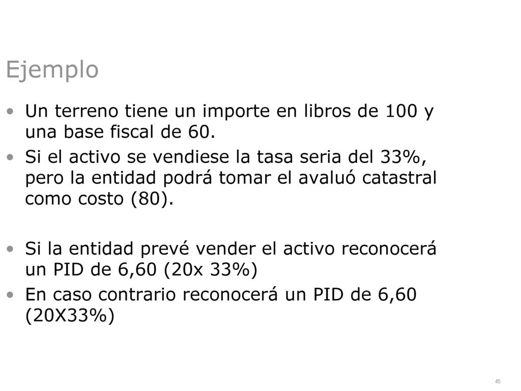Ejemplo Un terreno tiene un importe en libros de 100 y una base fiscal de 60.