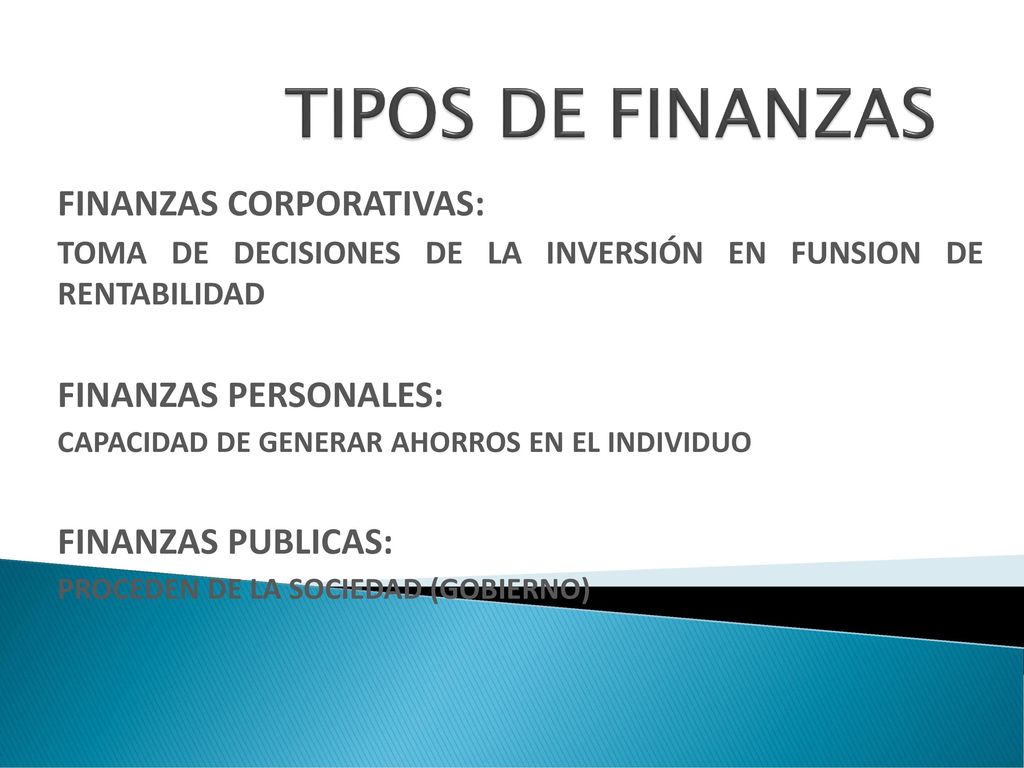 TIPOS DE FINANZAS FINANZAS CORPORATIVAS: FINANZAS PERSONALES: