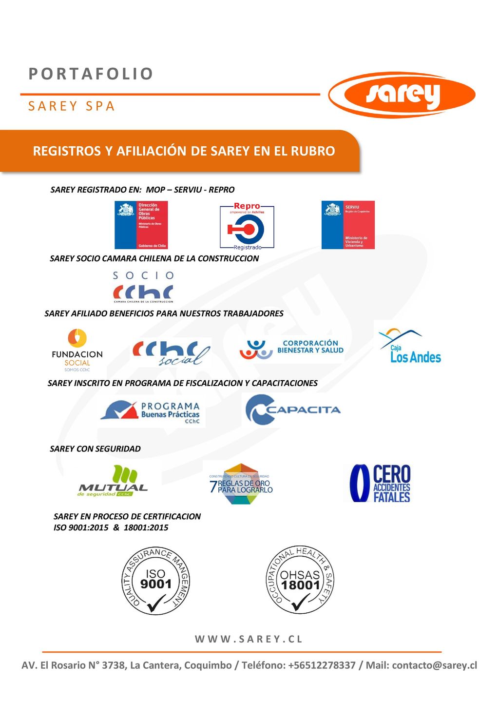 PORTAFOLIO SAREY SPA REGISTROS Y AFILIACIÓN DE SAREY EN EL RUBRO