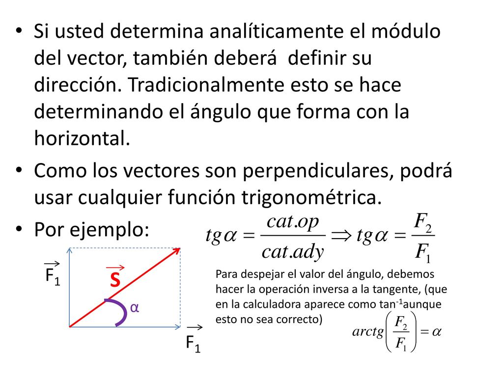 Si usted determina analíticamente el módulo del vector, también deberá definir su dirección. Tradicionalmente esto se hace determinando el ángulo que forma con la horizontal.