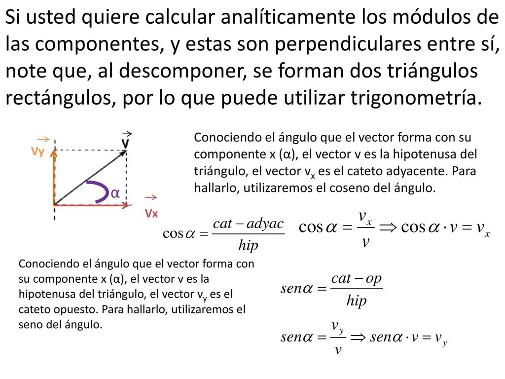 Si usted quiere calcular analíticamente los módulos de las componentes, y estas son perpendiculares entre sí, note que, al descomponer, se forman dos triángulos rectángulos, por lo que puede utilizar trigonometría.