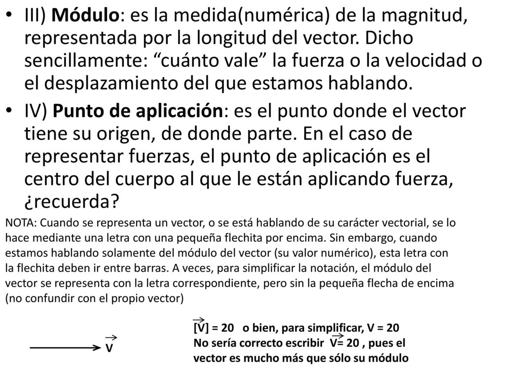 III) Módulo: es la medida(numérica) de la magnitud, representada por la longitud del vector. Dicho sencillamente: cuánto vale la fuerza o la velocidad o el desplazamiento del que estamos hablando.