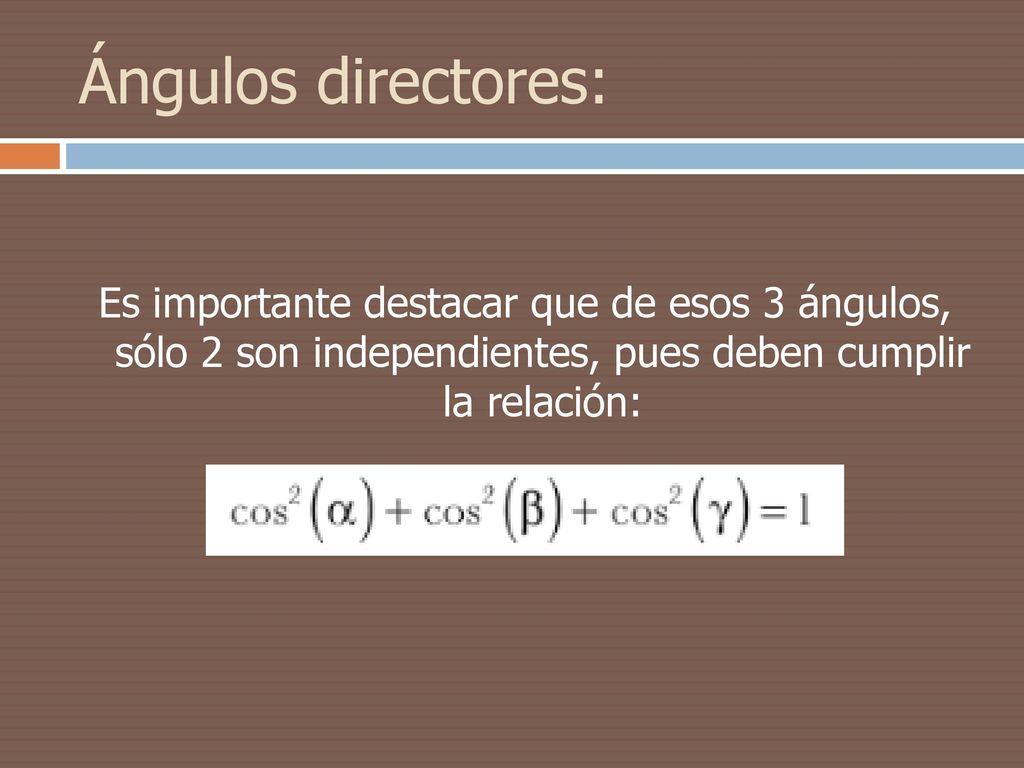 Ángulos directores: Es importante destacar que de esos 3 ángulos, sólo 2 son independientes, pues deben cumplir la relación: