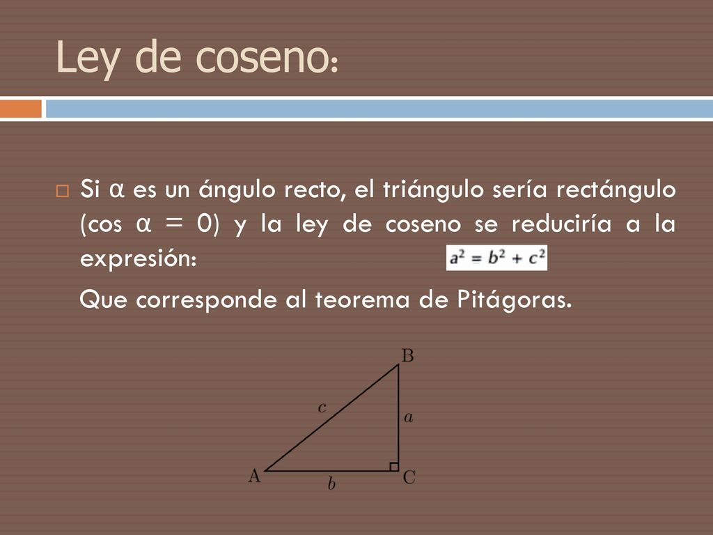 Ley de coseno: Si α es un ángulo recto, el triángulo sería rectángulo (cos α = 0) y la ley de coseno se reduciría a la expresión:
