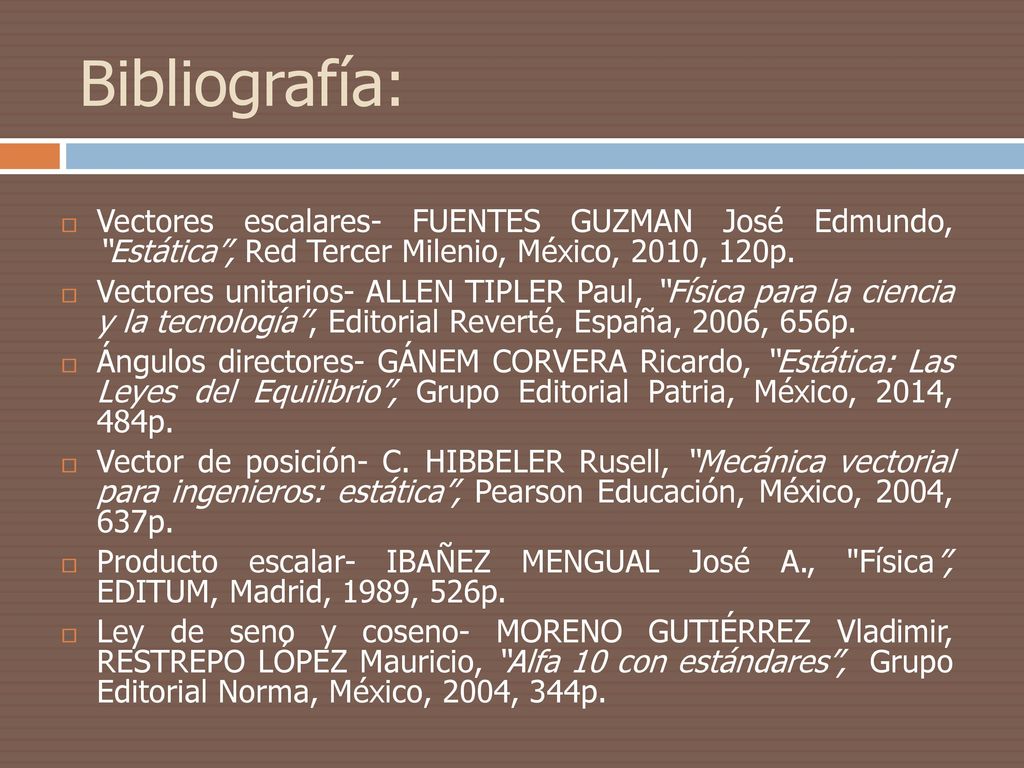 Bibliografía: Vectores escalares- FUENTES GUZMAN José Edmundo, Estática , Red Tercer Milenio, México, 2010, 120p.