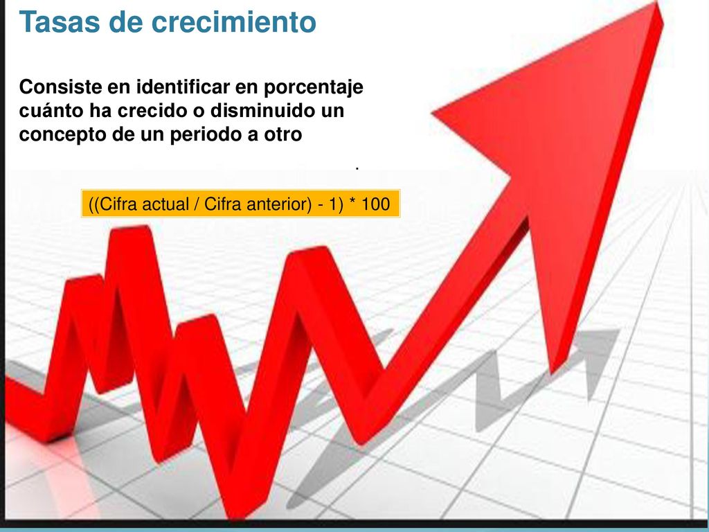 Tasas de crecimiento Consiste en identificar en porcentaje cuánto ha crecido o disminuido un concepto de un periodo a otro