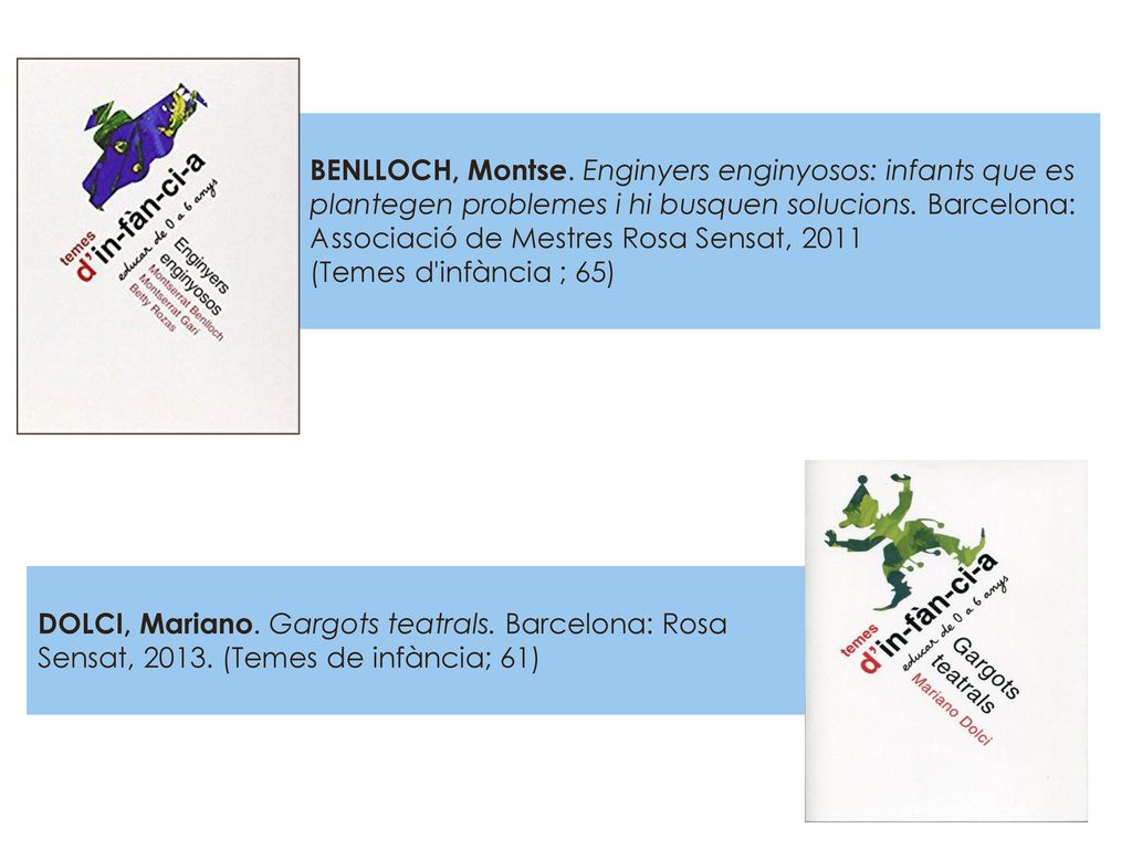 BENLLOCH, Montse. Enginyers enginyosos: infants que es plantegen problemes i hi busquen solucions. Barcelona: Associació de Mestres Rosa Sensat, 2011 (Temes d infància ; 65)