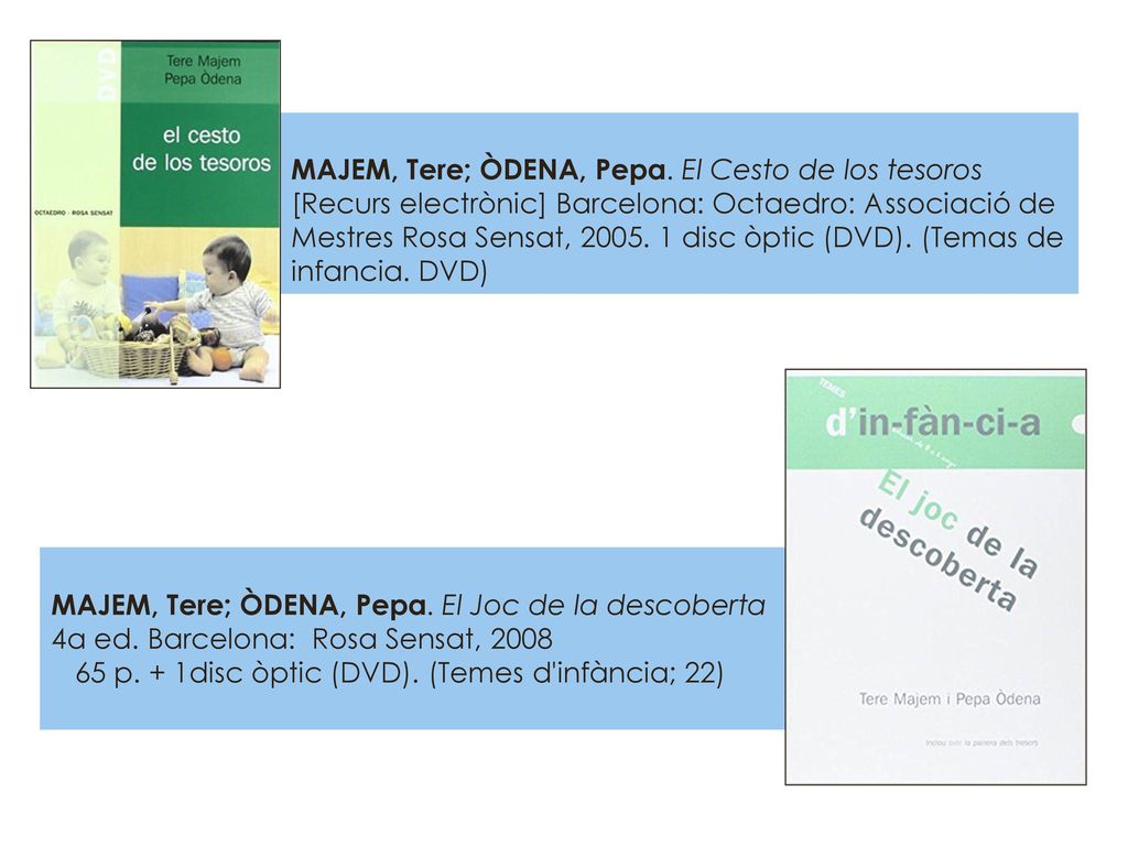 MAJEM, Tere; ÒDENA, Pepa. El Cesto de los tesoros [Recurs electrònic] Barcelona: Octaedro: Associació de Mestres Rosa Sensat, disc òptic (DVD). (Temas de infancia. DVD)