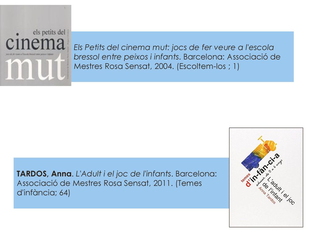 Els Petits del cinema mut: jocs de fer veure a l escola bressol entre peixos i infants. Barcelona: Associació de Mestres Rosa Sensat, (Escoltem-los ; 1)