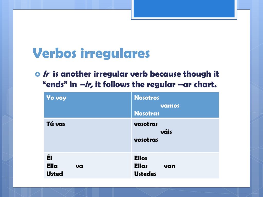 Verbos irregulares Ir is another irregular verb because though it ends in –ir, it follows the regular –ar chart.