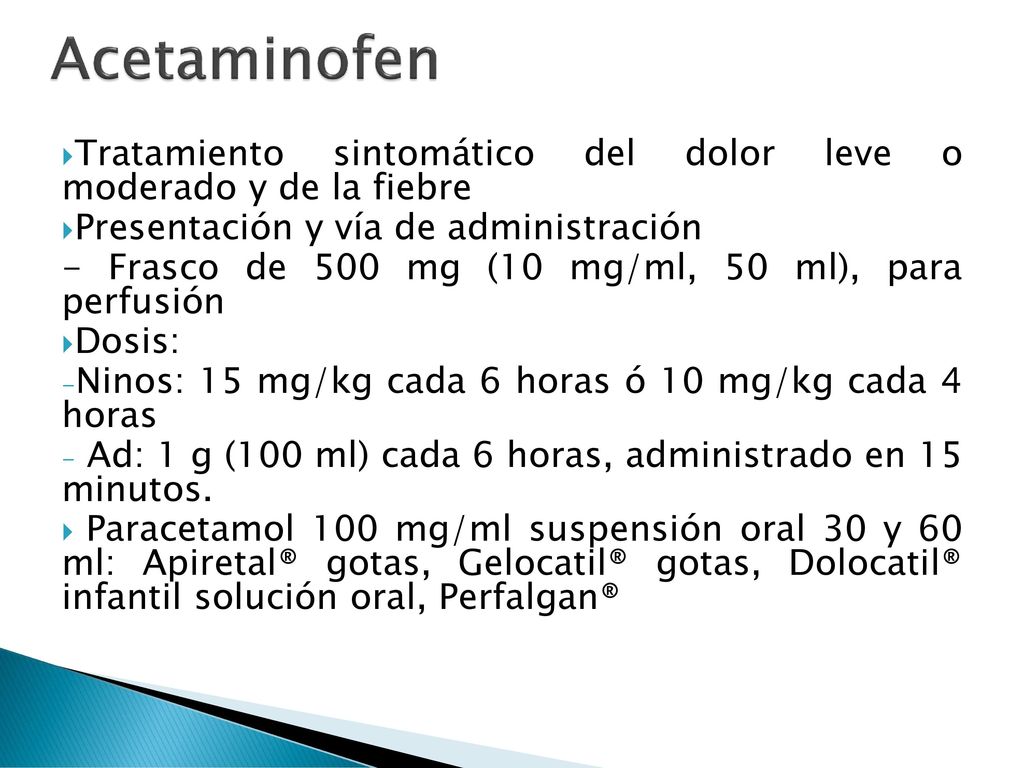 Acetaminofen Tratamiento sintomático del dolor leve o moderado y de la fiebre. Presentación y vía de administración.