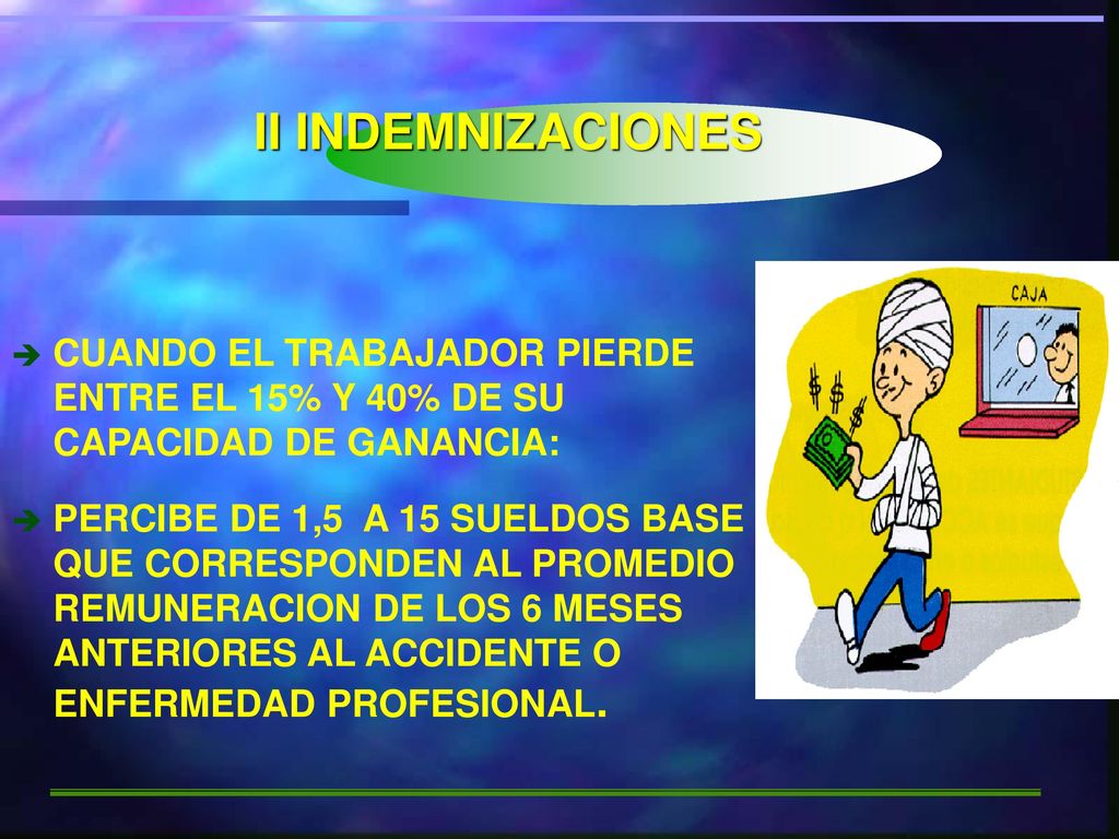 II INDEMNIZACIONES CUANDO EL TRABAJADOR PIERDE ENTRE EL 15% Y 40% DE SU CAPACIDAD DE GANANCIA: