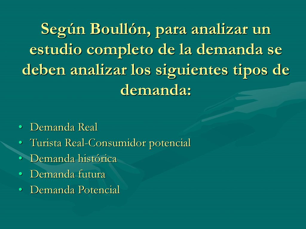 Según Boullón, para analizar un estudio completo de la demanda se deben analizar los siguientes tipos de demanda: