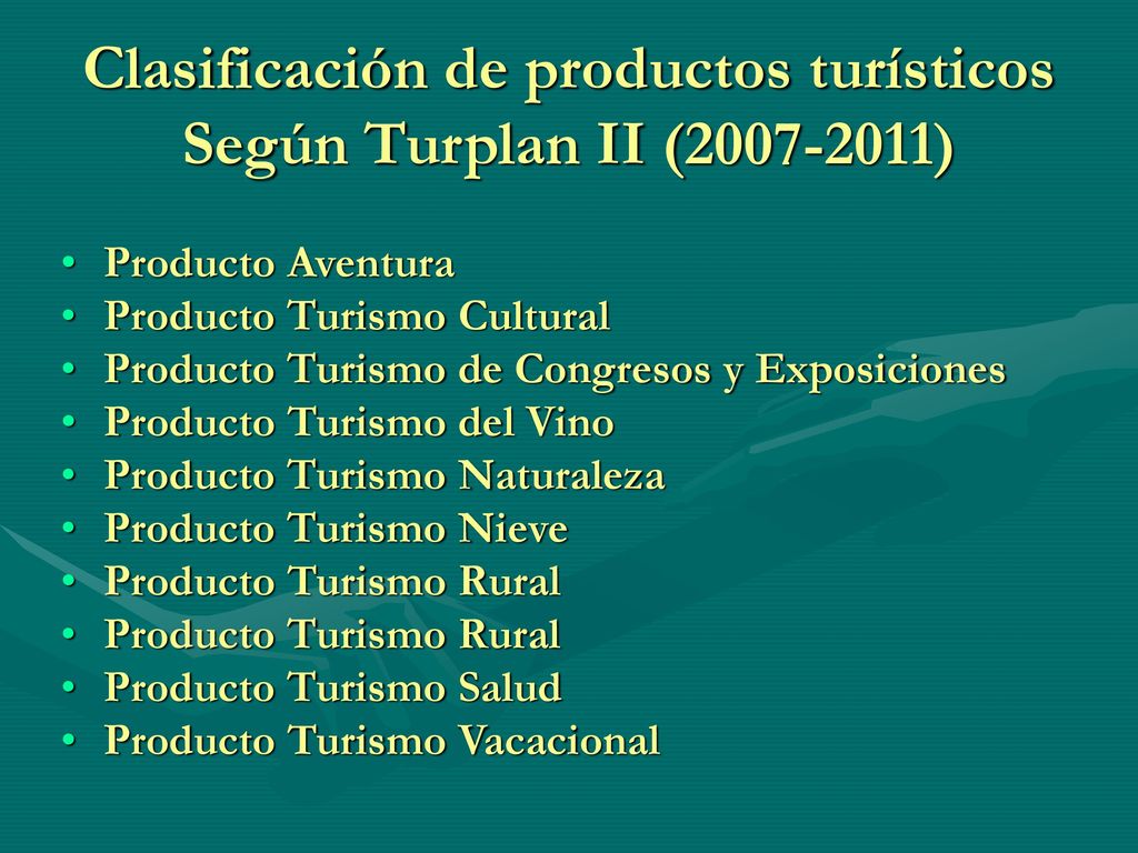 Clasificación de productos turísticos Según Turplan II ( )