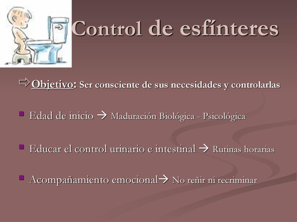 Control de esfínteres Objetivo: Ser consciente de sus necesidades y controlarlas. Edad de inicio  Maduración Biológica - Psicológica.