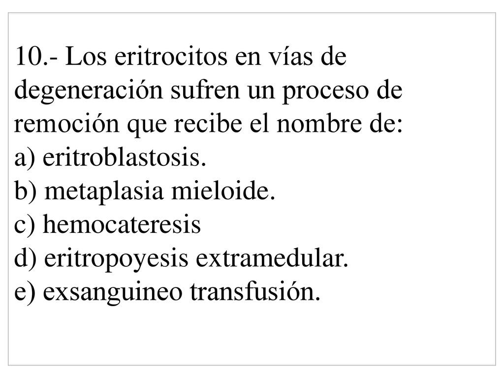10.- Los eritrocitos en vías de degeneración sufren un proceso de remoción que recibe el nombre de: a) eritroblastosis.