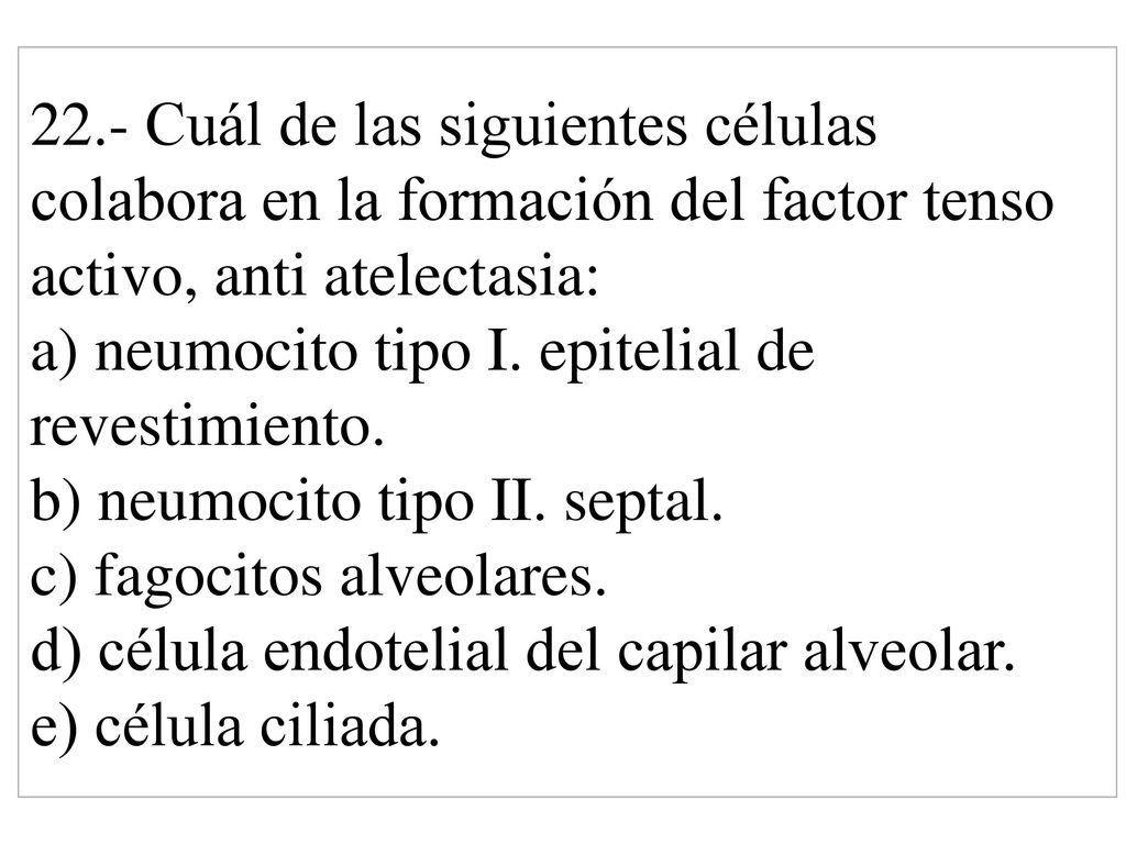 22.- Cuál de las siguientes células colabora en la formación del factor tenso activo, anti atelectasia: a) neumocito tipo I.