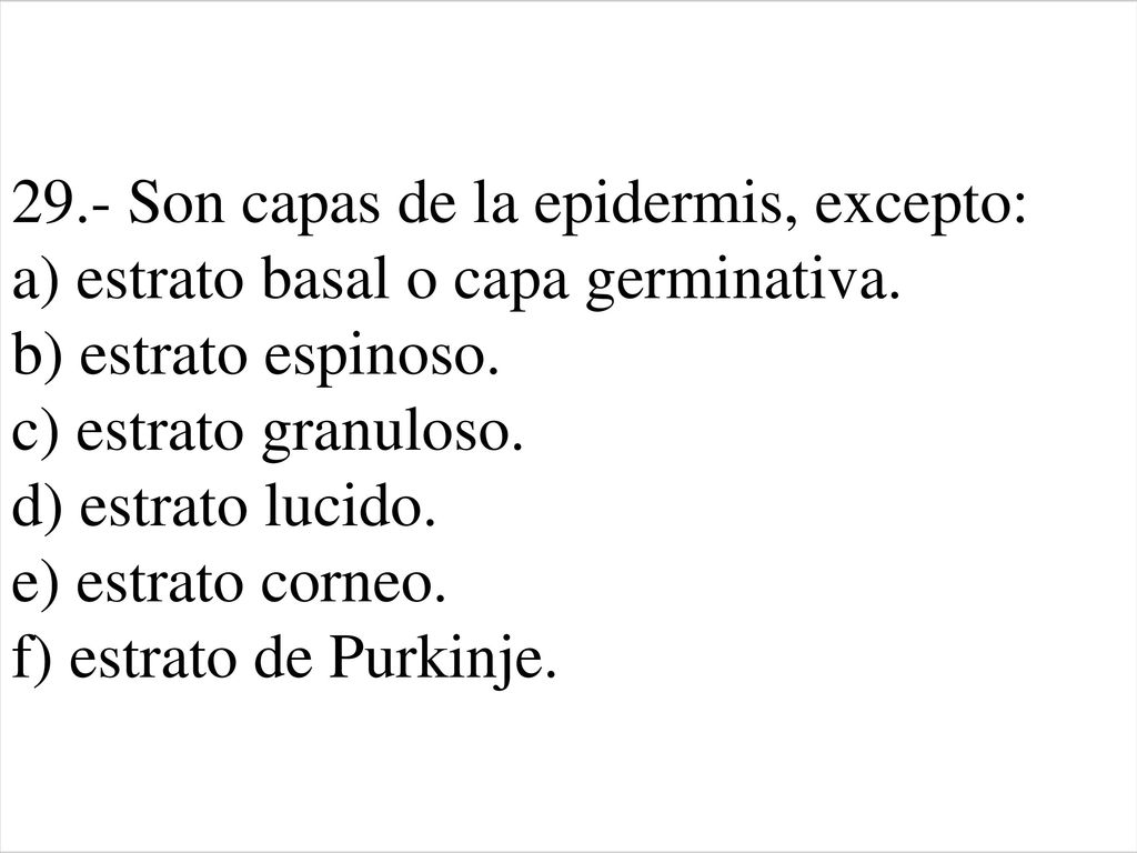 29.- Son capas de la epidermis, excepto: a) estrato basal o capa germinativa.
