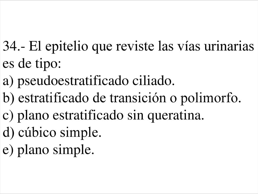 34.- El epitelio que reviste las vías urinarias es de tipo: a) pseudoestratificado ciliado.