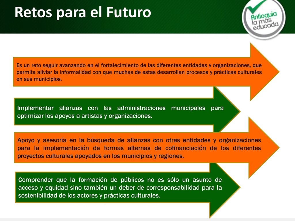 Retos para el Futuro Implementar alianzas con las administraciones municipales para optimizar los apoyos a artistas y organizaciones.
