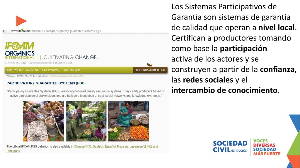 Los Sistemas Participativos de Garantía son sistemas de garantía de calidad que operan a nivel local. Certifican a productores tomando como base la participación