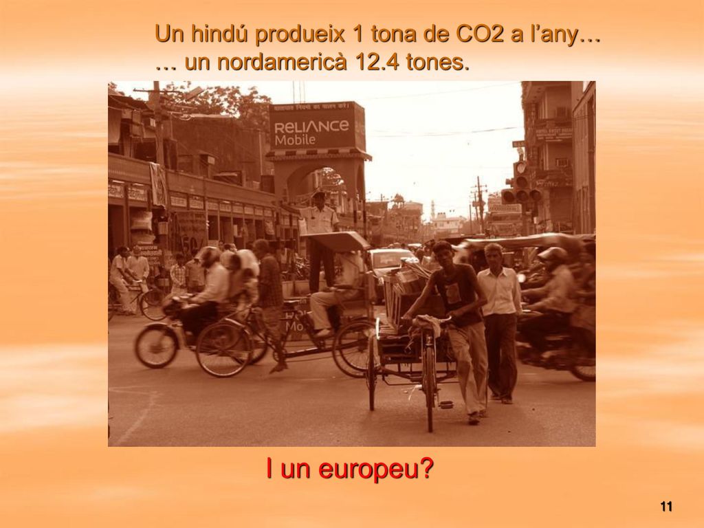 Un hindú produeix 1 tona de CO2 a l’any… … un nordamericà 12.4 tones.