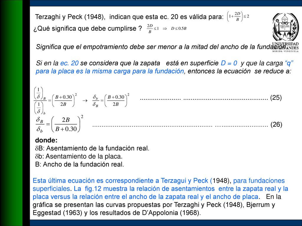 Terzaghi y Peck (1948), indican que esta ec. 20 es válida para: