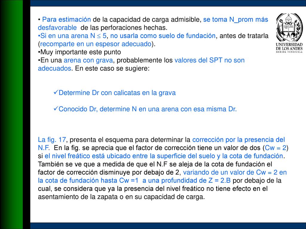 Para estimación de la capacidad de carga admisible, se toma N_prom más desfavorable de las perforaciones hechas.