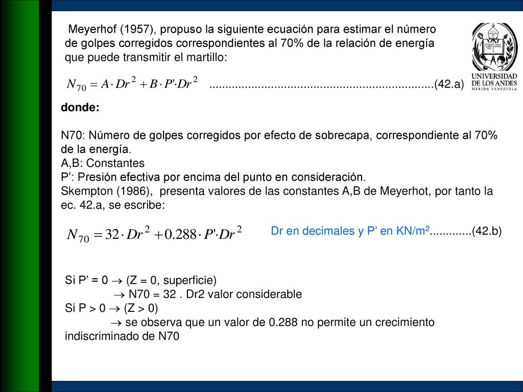 Meyerhof (1957), propuso la siguiente ecuación para estimar el número de golpes corregidos correspondientes al 70% de la relación de energía que puede transmitir el martillo: