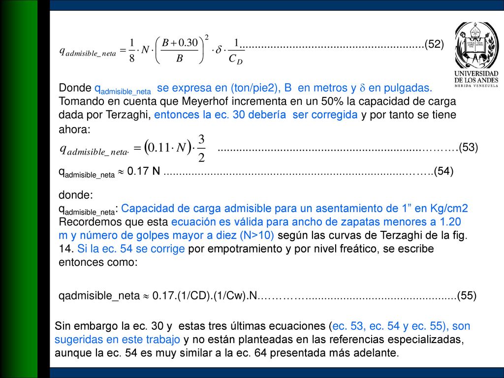 (52) Donde qadmisible_neta se expresa en (ton/pie2), B en metros y  en pulgadas.