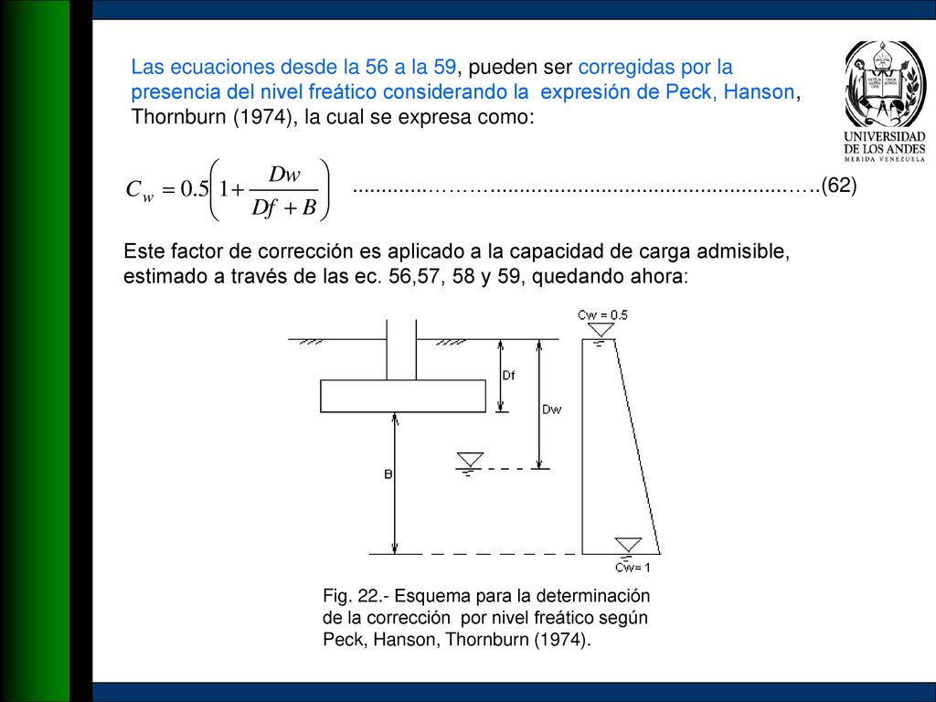 Las ecuaciones desde la 56 a la 59, pueden ser corregidas por la presencia del nivel freático considerando la expresión de Peck, Hanson, Thornburn (1974), la cual se expresa como: