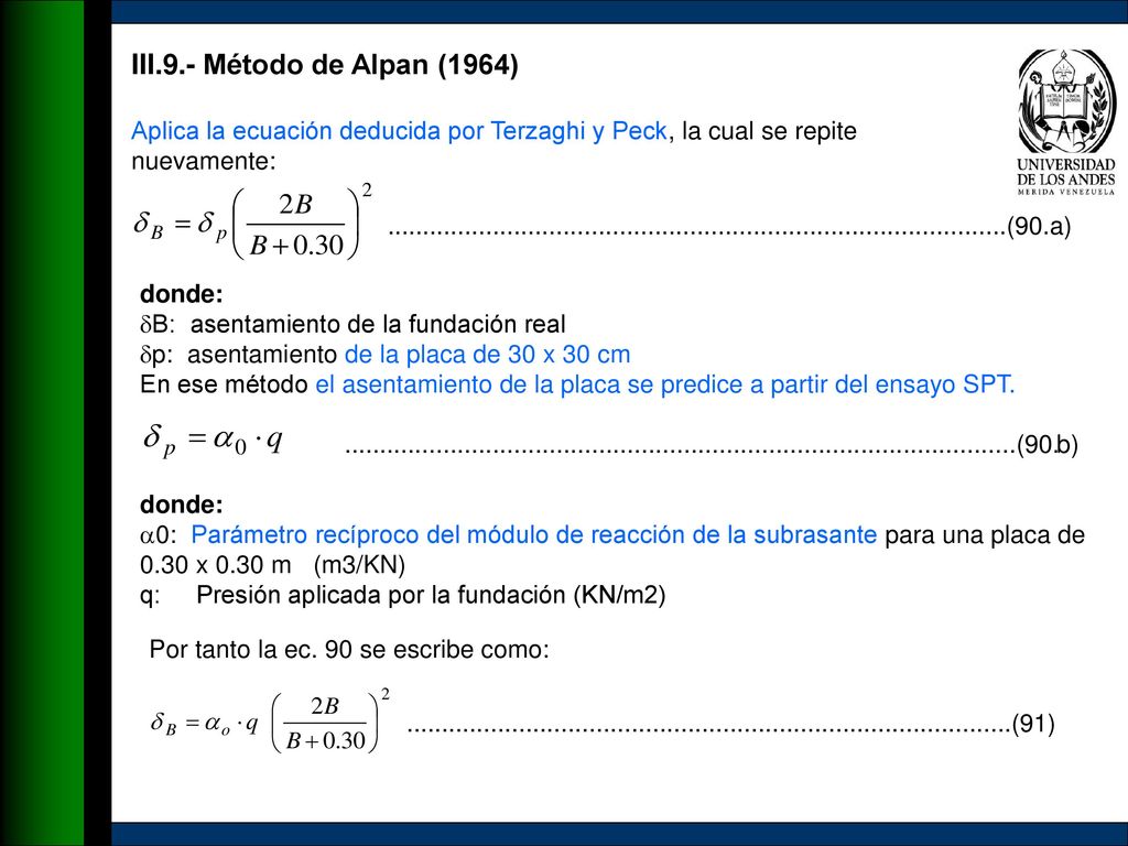 III.9.- Método de Alpan (1964) Aplica la ecuación deducida por Terzaghi y Peck, la cual se repite nuevamente: