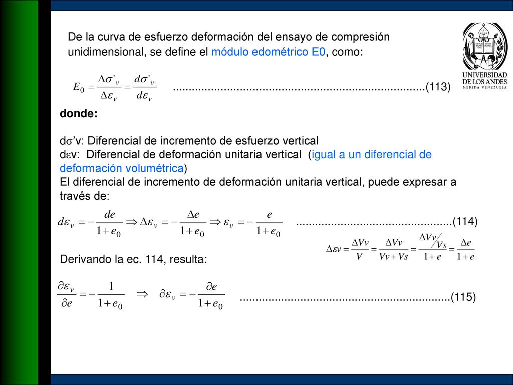 De la curva de esfuerzo deformación del ensayo de compresión unidimensional, se define el módulo edométrico E0, como: