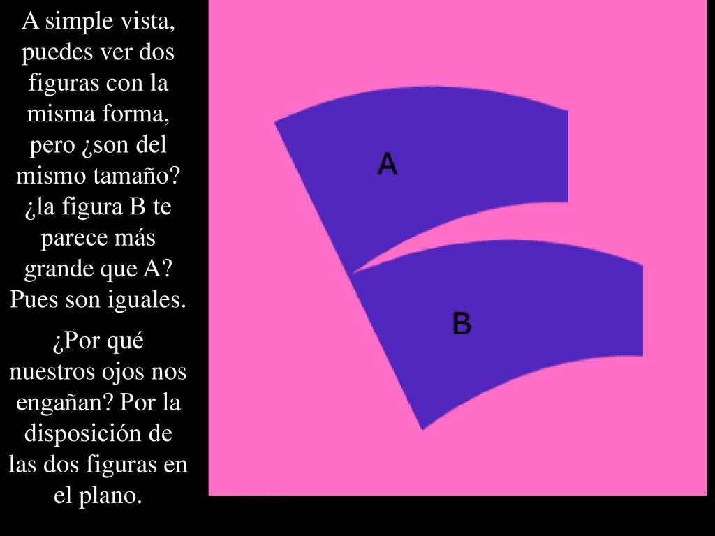 A simple vista, puedes ver dos figuras con la misma forma, pero ¿son del mismo tamaño ¿la figura B te parece más grande que A Pues son iguales.