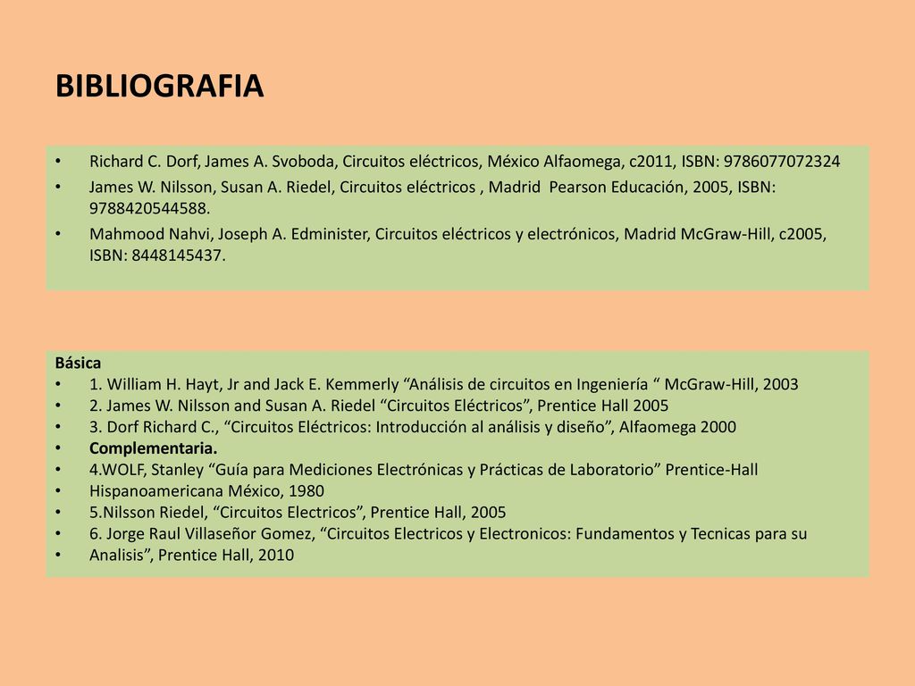 BIBLIOGRAFIA Richard C. Dorf, James A. Svoboda, Circuitos eléctricos, México Alfaomega, c2011, ISBN:
