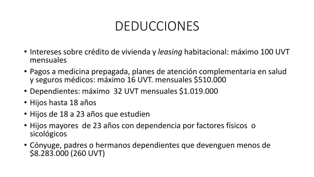 DEDUCCIONES Intereses sobre crédito de vivienda y leasing habitacional: máximo 100 UVT mensuales.